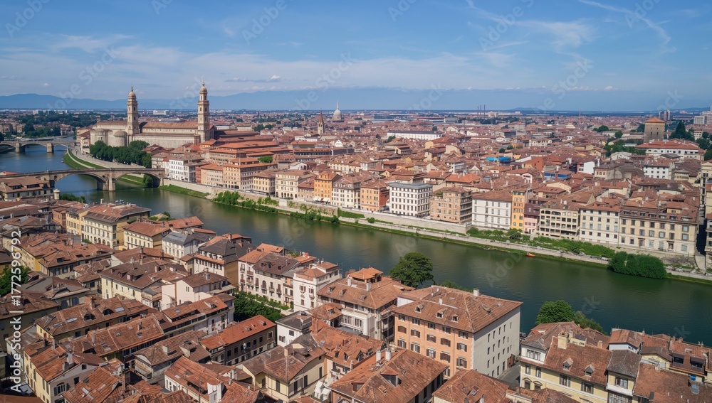 Fototapeta premium Aerial view of Verona's historic center featuring the Ponte Pietra bridge, Verona Cathedral, and red-tiled houses, urban density