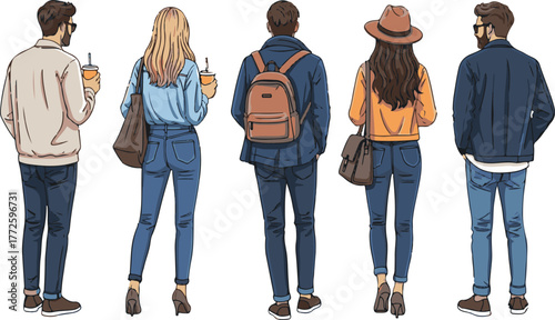Stylish People Standing from Behind Vector Illustration on White Background