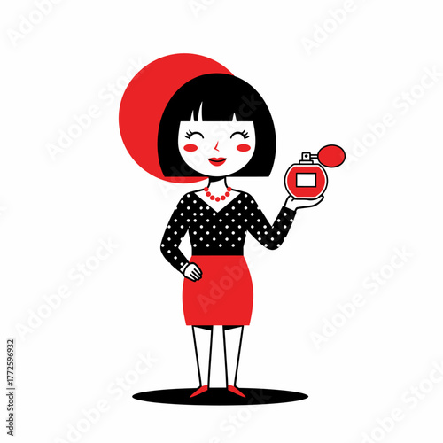 Stylish woman holding perfume bottle with red accents and black hair.