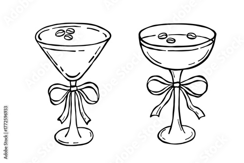 Coquette espresso cocktail martini with bow, vector illustrations set, doodle whimsical sketch for party invitation, outline drinks