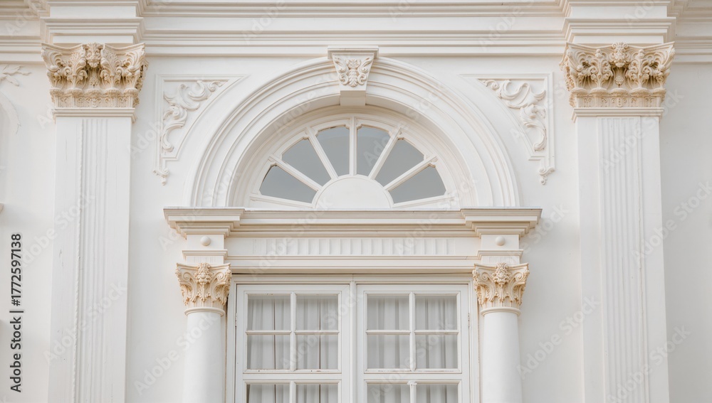 Obraz premium Bright mansion featuring a semicircular window framed by ornate pillars