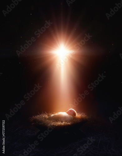 A bright, large star in the shape of a cross shines brightly, blessing the baby Jesus in the manger, a background for celebrating Christmas and the birth and death of Jesus.
