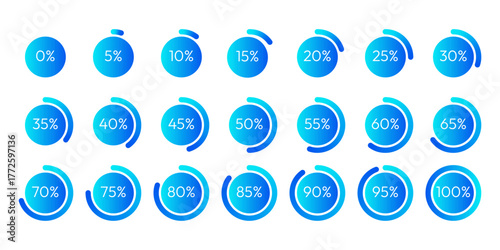 Blue gradient progress circle vector set. Circular loading bar infographic elements. collection of modern ui progress indicator 0 5 10 15 20 25 30 35 40 45 50 55 60 65 70 75 80 85 90 95 100 percent