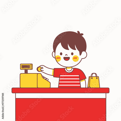 Cute cartoon boy playing cashier at a toy store counter.