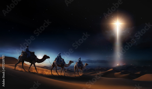 The three wise men follow a bright, large star to Bethlehem, marking the birth of Jesus Christ and the setting for Christmas.

