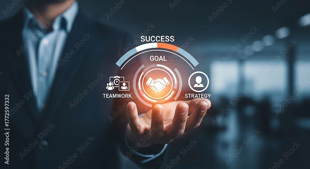 Fototapeta premium Man holding a glowing success goal teamwork strategy icon in his hand.