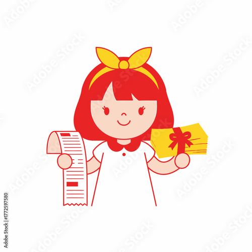 Cute cartoon girl holding a long shopping receipt and a stack of gift cards.