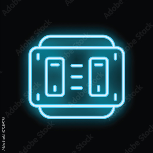 Glowing neon icon of a portable battery power station for camping providing energy for glamping