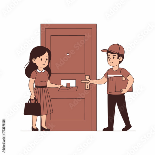 Delivery Person Handing Package to Woman at Door.
