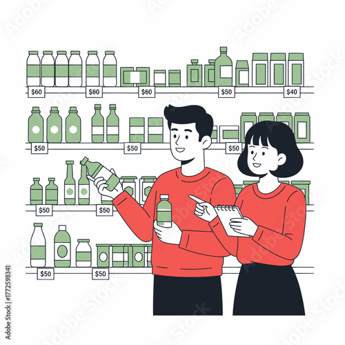 Couple Shopping for Groceries in a Supermarket Aisle.