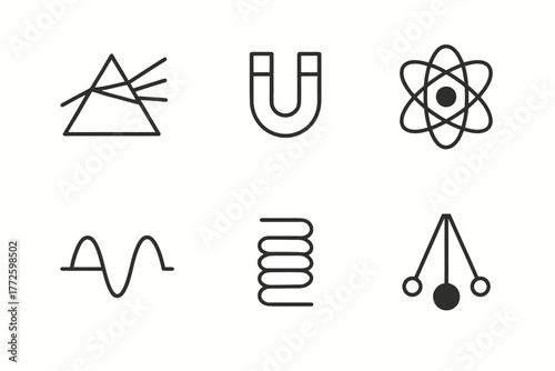 Minimalist science icons: light, magnetism, atom, waves, coil, pendulum