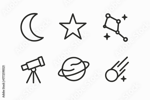 Simple astronomy icons: moon, star, constellation, telescope, planet, comet
