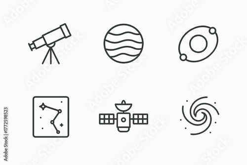 Astronomy icons: telescope, planet, atom, constellation, satellite, spiral galaxy