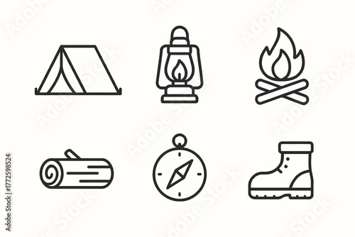 Camping icons: tent, lantern, campfire, log, compass, boot
