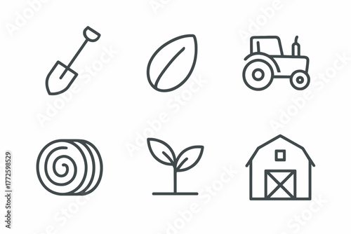 Farming icons set: shovel, leaf, tractor, hay bale, plant, barn