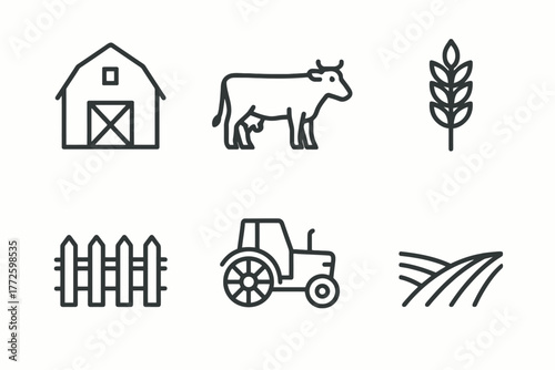Farm icons set: barn, cow, wheat, fence, tractor, field