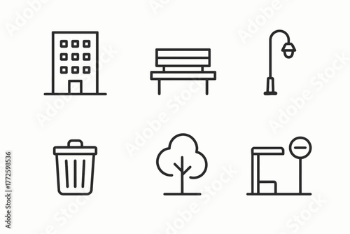 Urban elements: building, bench, lamp, trash can, tree, bus stop icons