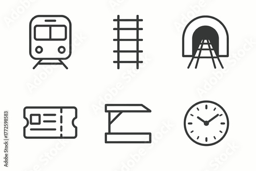 Minimalistic transportation icons: train, tracks, tunnel, ticket, platform, clock