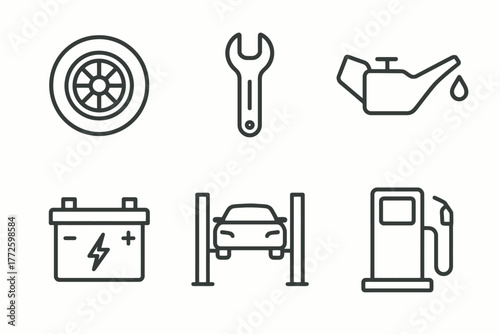 Car maintenance icon set: tools, fluid, tire, battery, lift, gas pump