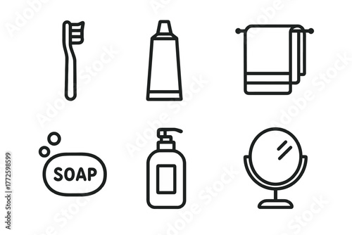 Minimalist bathroom essentials: toothbrush, toothpaste, towel, soap, dispenser, mirror icons