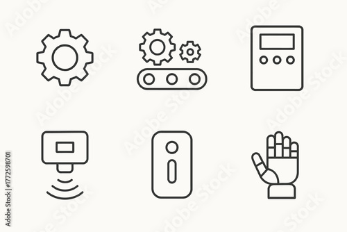 Set of industrial automation icons: gears, conveyor and robotic hand