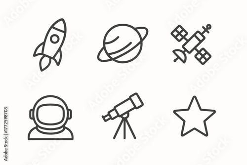 Space exploration icons: rocket, planet, telescope, satellite, astronaut, star