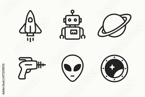 Space icons: rocket, robot, planet, ray gun, alien face, porthole