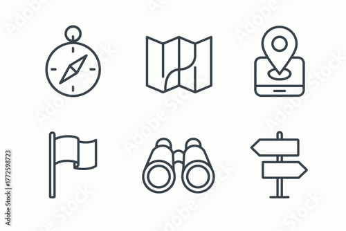 Navigation icons: compass, map, gps, flag, binoculars, signpost