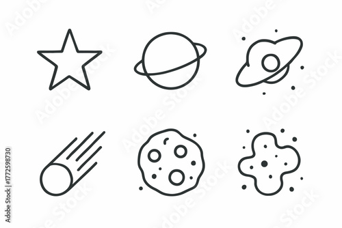 Simple line icons of star, planet, comet, and asteroids
