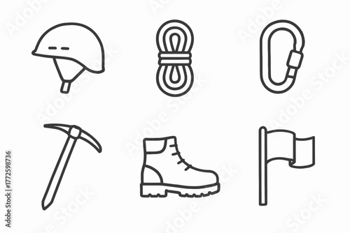 Mountain climbing gear icons: helmet, rope, carabiner, ice axe, boot, flag
