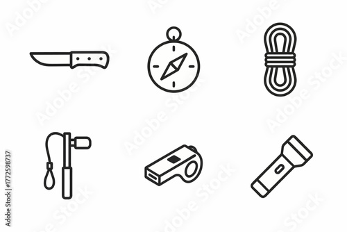 Minimalist icons of outdoor adventure gear: knife, compass, rope, jump rope, whistle, flashlight
