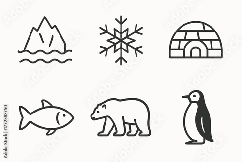 Arctic icons: iceberg, snowflake, igloo, fish, polar bear, penguin