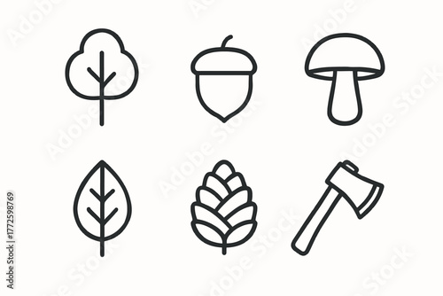 Minimalist forest icons set: tree, acorn, mushroom, leaf, pinecone, axe