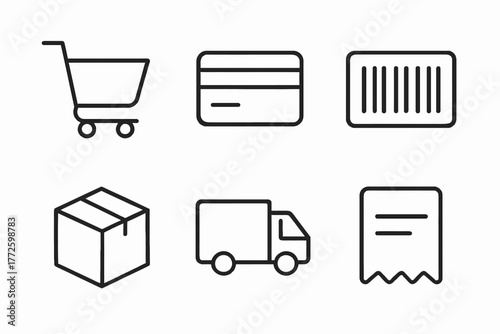 E-commerce and delivery icons: shopping cart, credit card, barcode, package, truck, receipt