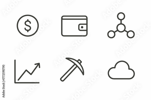 Finance and technology icons: dollar, wallet, network, growth, mining, cloud