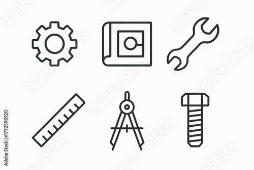Set of engineering tools: gear, blueprint, wrench, ruler, compass, bolt