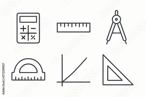 Math and geometry tools: calculator, ruler, compass, protractor, graph, triangle