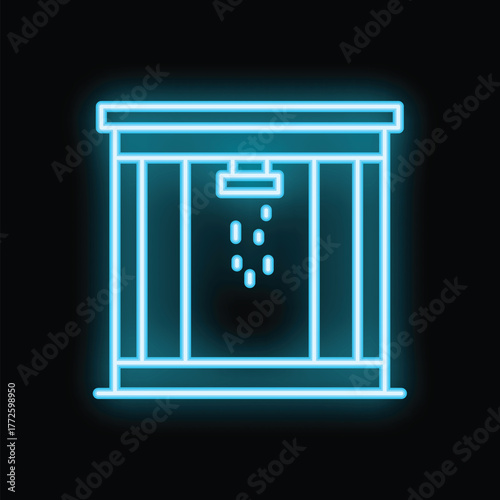 Blue neon icon of a shower cabin glowing in the dark