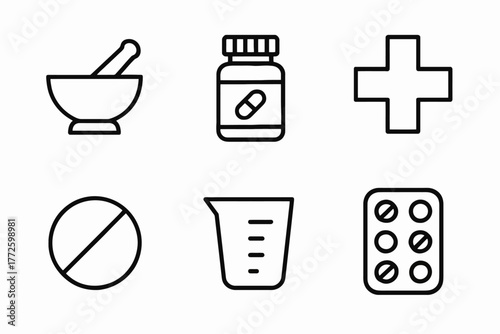 Pharmacy icons: mortar, medicine jar, cross, pill, measuring cup, blister pack