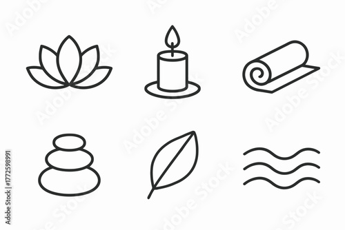 Spa icons: lotus, candle, mat, stones, leaf, waves - minimalist design
