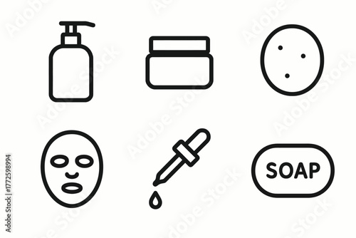 Skincare icons: lotion, cream, exfoliant, face mask, serum, soap