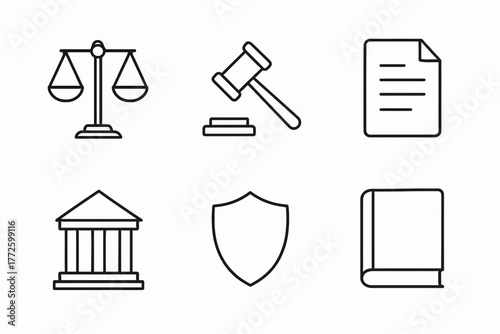 Legal icons: scales, gavel, document, courthouse, shield, book in minimalist design