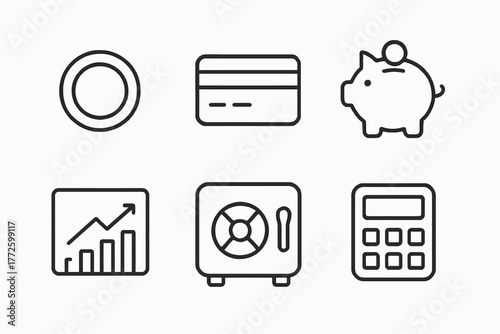 Finance icons set: coin, credit card, piggy bank, graph, safe, calculator