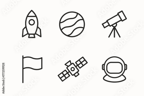Space icons: rocket, planet, telescope, flag, satellite, astronaut helmet