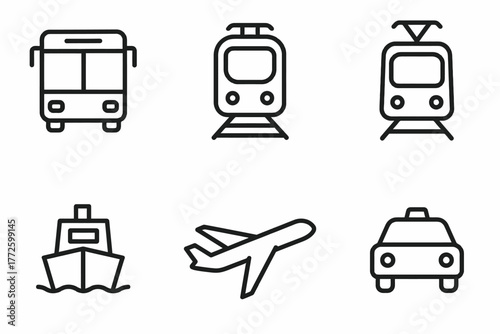 Icons of public transportation: bus, train, tram, ship, airplane, taxi