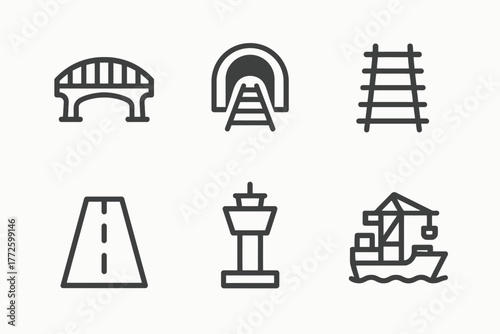 Transportation infrastructure: bridge, tunnel, railway, road, control tower, cargo ship icons