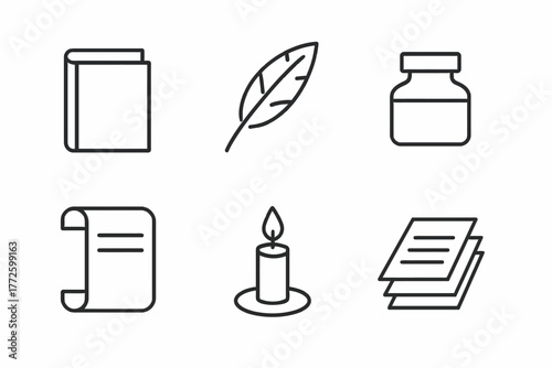 Classic writing tools and symbols: book, quill, ink, paper, candle icons