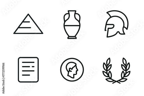 Ancient symbols: pyramid, amphora, helmet, document, profile, laurel