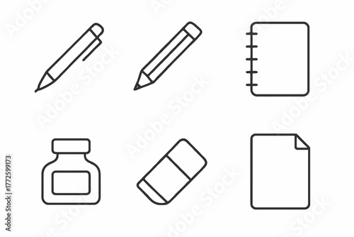 Minimalist school supplies icon set: pen, pencil, notebook, ink bottle, eraser, paper