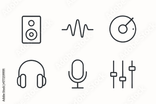 Audio icons set: speaker, waveform, vinyl, headphones, microphone, equalizer